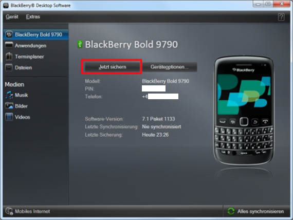 das Sichern Blackberry daten auf den computer