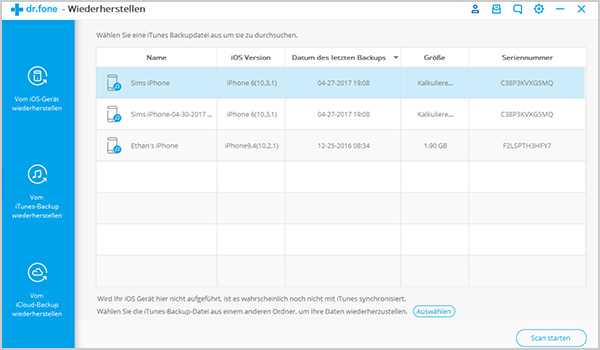 wiederherstellen im iTunes backup auswählen